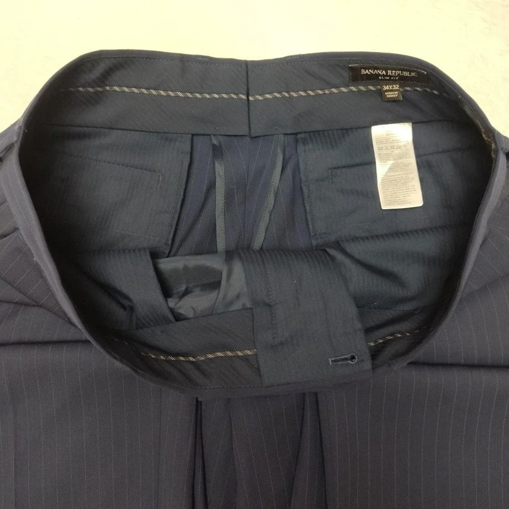 Banana Republic Pants Men 34x32 Blue Striped Marzotto 130s Wool Dress Slack HOLE